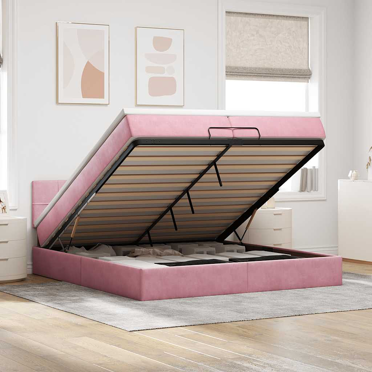moldura de cama otomana vidaXL com colchão rosa 200x200cm Veludo 1