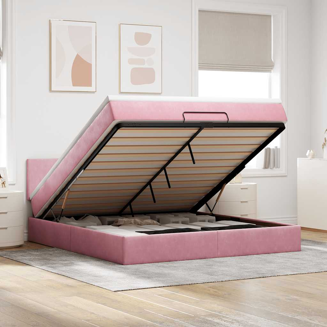vidaXL Estrutura de cama otomana com colchão 160x200 cm veludo rosa 1