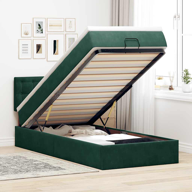 vidaXL Cama otomana com colchão & LEDs 80x200cm veludo verde-escuro 1
