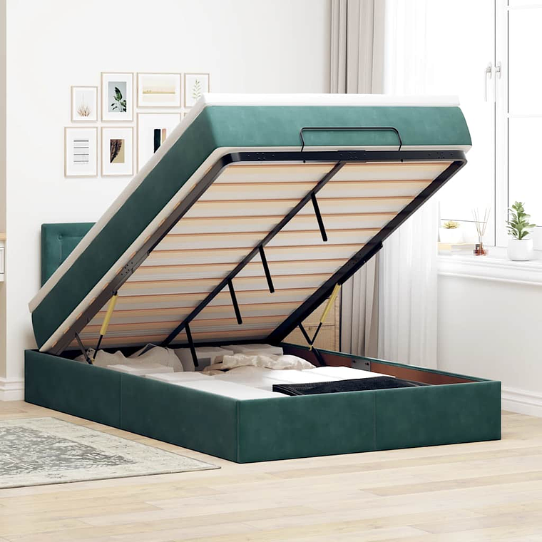 vidaXL Cama otomana com colchão & LEDs 120x190cm veludo verde-escuro 1