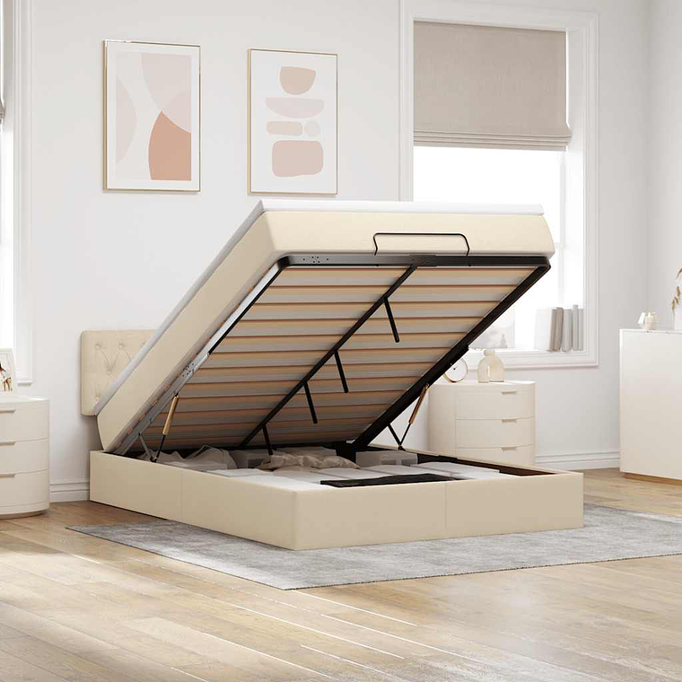 vidaXL Cama Otomana com Colchão & LEDs Creme 140x200 cm Tecido 1
