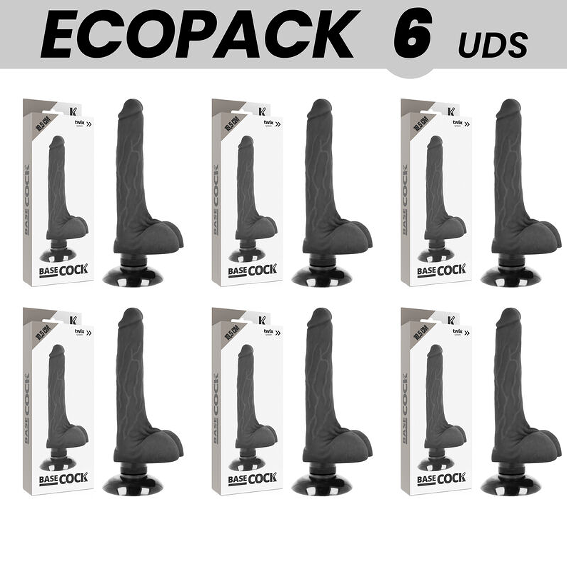 ECOPACK 6 UNIT - BASECOCK VIBRADOR REALÍSTICO 2-1 PRETO 18.5 CM -O- 4 CM 1