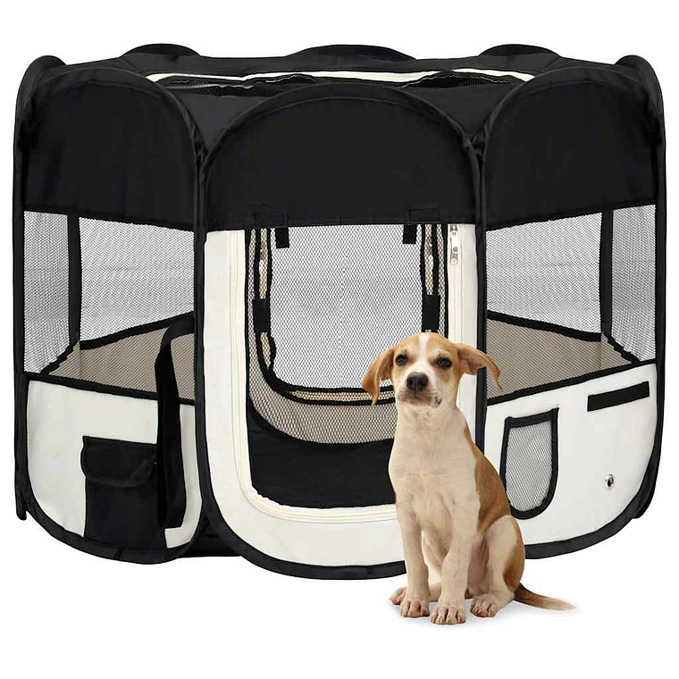 vidaXL Parque dobrável p/ cão c/ saco de transporte 90x90x58 cm preto 1