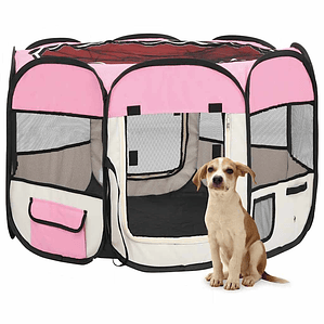 vidaXL Parque dobrável p/ cão c/ saco de transporte 90x90x58 cm rosa