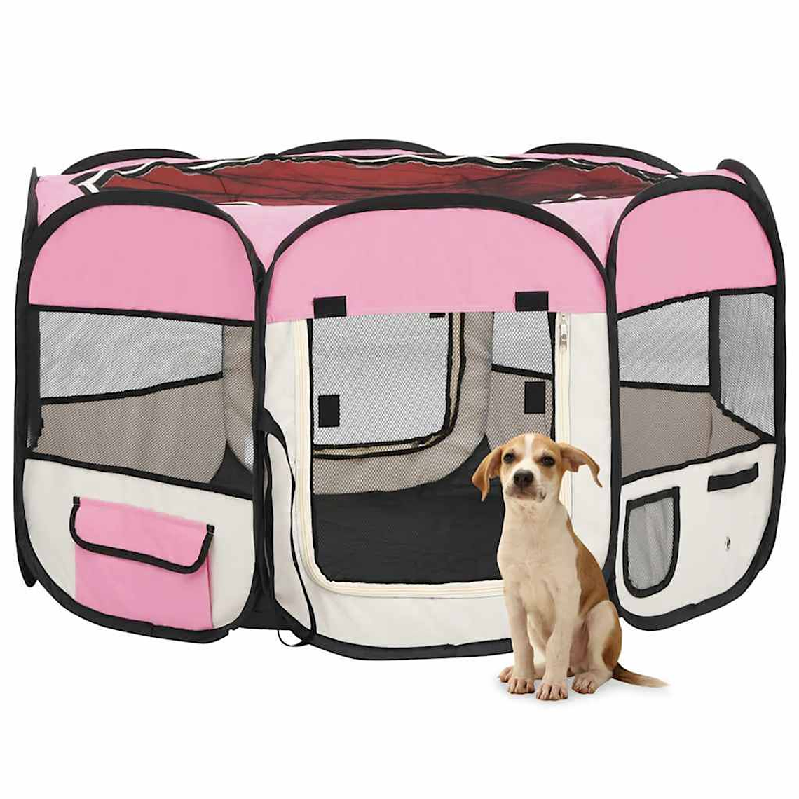 vidaXL Parque dobrável p/ cão c/ saco de transporte 110x110x58cm rosa 1