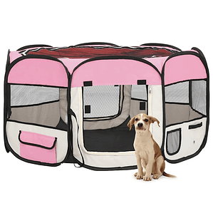 vidaXL Parque dobrável p/ cão c/ saco de transporte 125x125x61cm rosa
