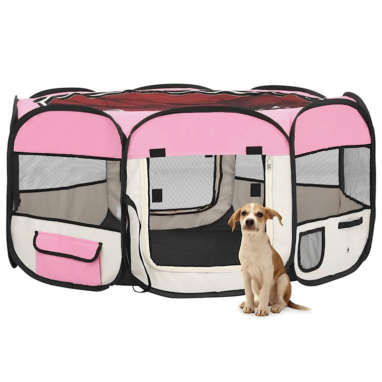 vidaXL Parque dobrável p/ cão c/ saco de transporte 145x145x61cm rosa 1
