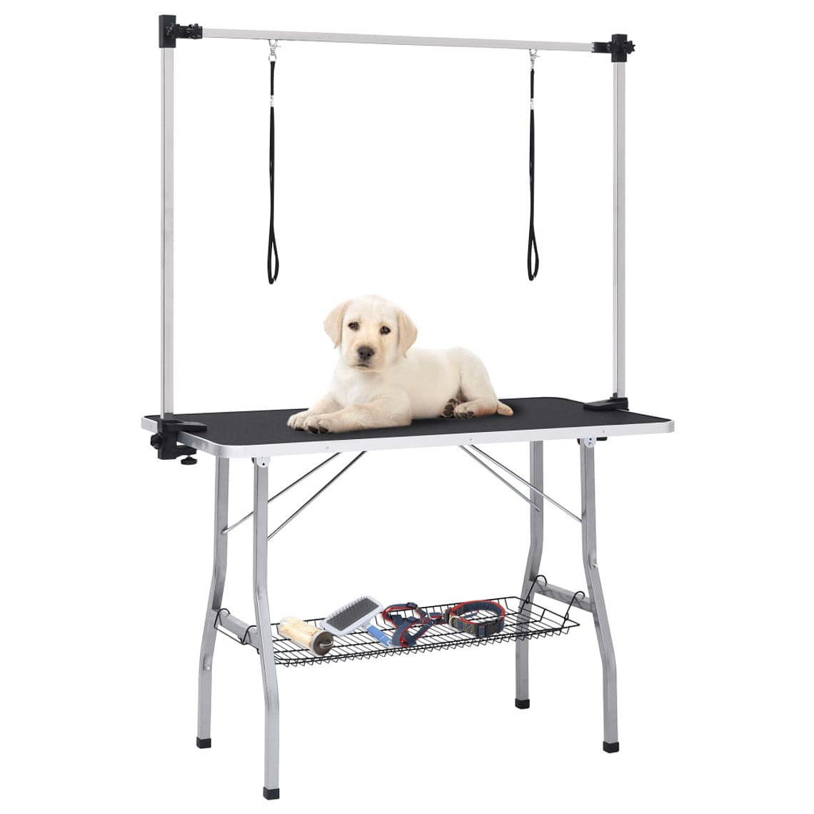 vidaXL Mesa de grooming ajustável para cães com 2 laços e cesto 1