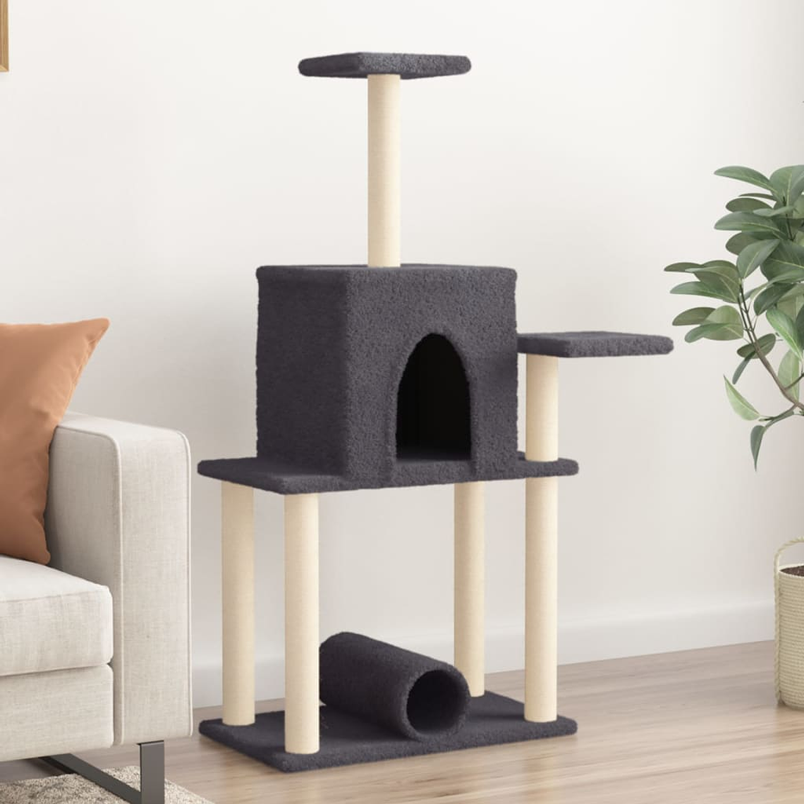 vidaXL Árvore p/ gatos c/ postes arranhadores sisal 122cm cinza-escuro 1