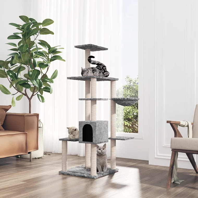 vidaXL Árvore p/ gatos c/ postes arranhadores sisal 142 cm cinza-claro 1