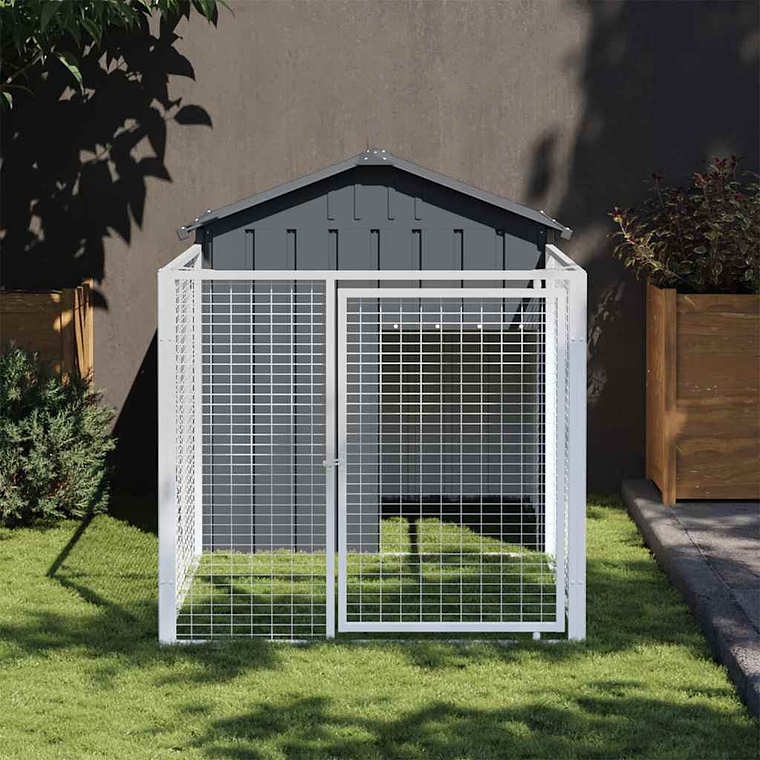 vidaXL Casota para cães com parque aço galvanizado antracite 1