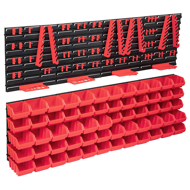 vidaXL 136 pcs kit caixas arrumação c/ painéis parede vermelho e preto 1