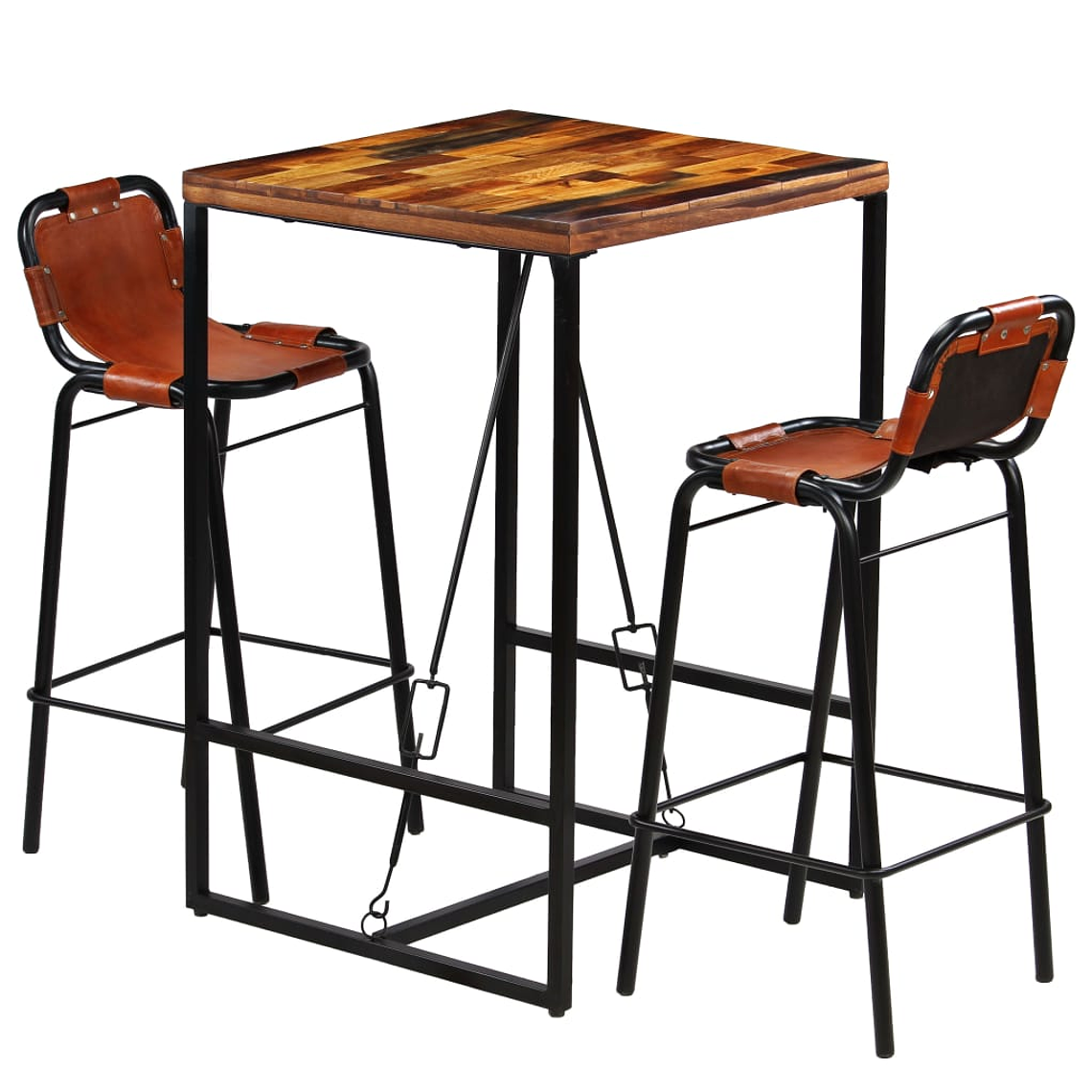 vidaXL Conjunto de bar 3 pcs madeira recuperada + couro cabra genuíno 1