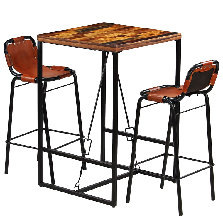 vidaXL Conjunto de bar 3 pcs madeira recuperada + couro cabra genuíno 1