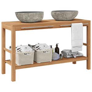 vidaXL Armário de casa de banho teca maciça c/ lavatórios pedra do rio