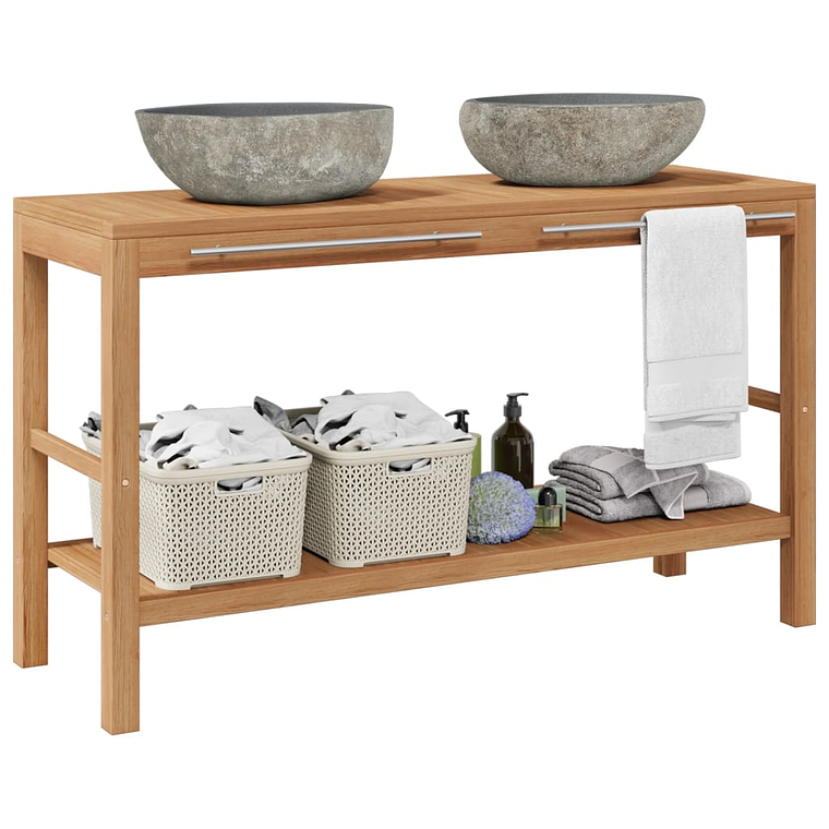 vidaXL Armário de casa de banho teca maciça c/ lavatórios pedra do rio 1
