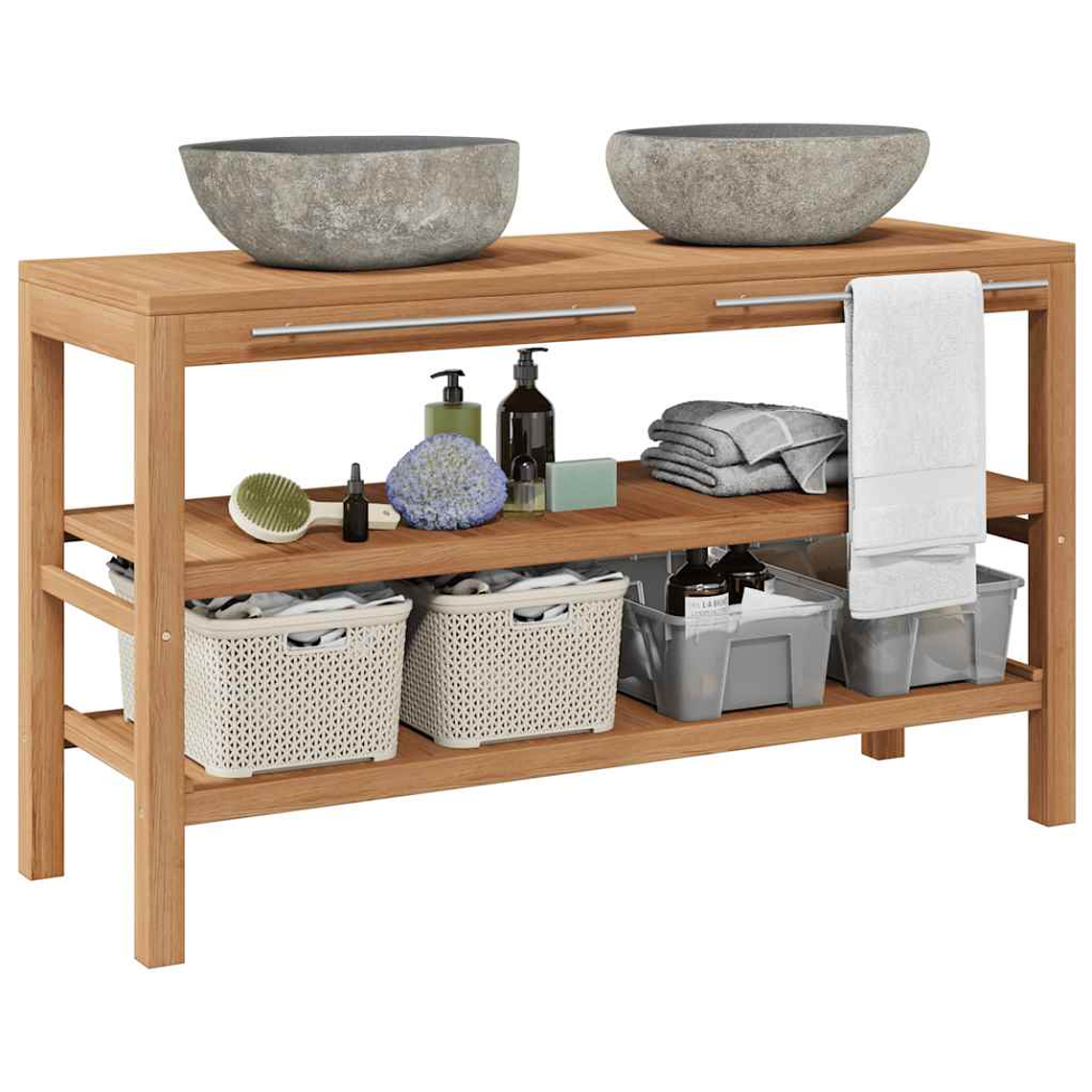 vidaXL Armário de casa de banho teca maciça c/ lavatórios pedra do rio 1