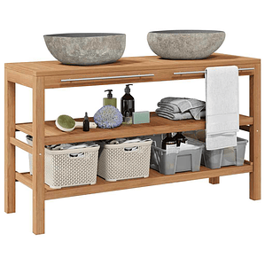 vidaXL Armário de casa de banho teca maciça c/ lavatórios pedra do rio