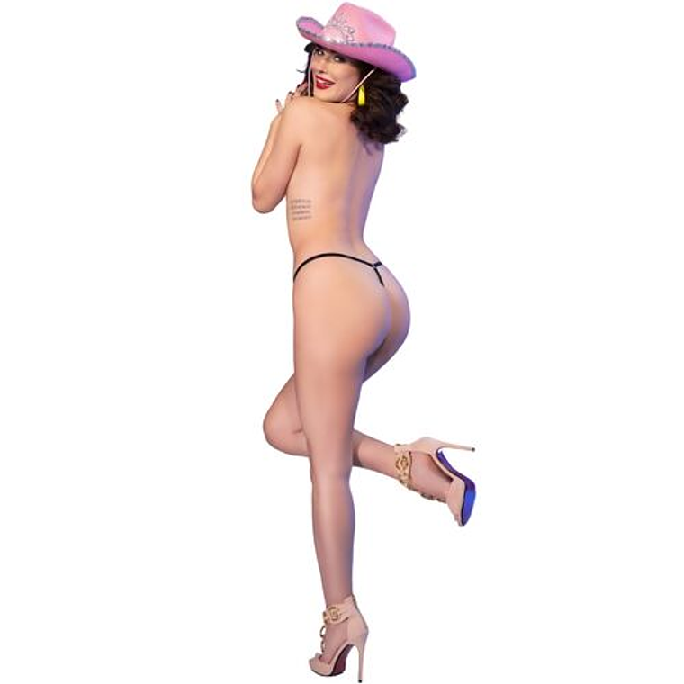 Tanga Chilirose Kiss Me Preta com Zíper e Strass | Estampa Neon Ajustável 10