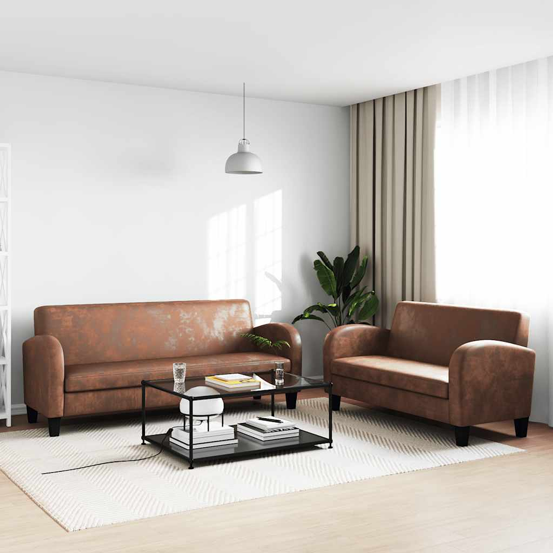 vidaXL Conjunto de sofás 2 pcs camurça artificial castanho 1