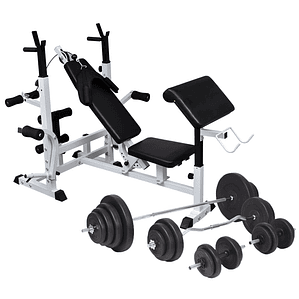 vidaXL Banco musculação c/ suporte p/ pesos + barras e halteres 120 kg