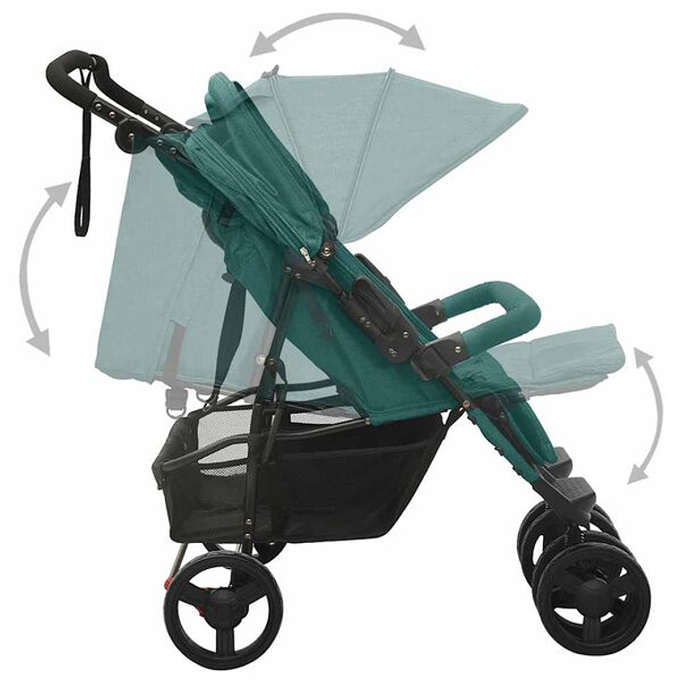 Green Steel Twin Stroller | Double, Reclining, and with Protective Canopy 7