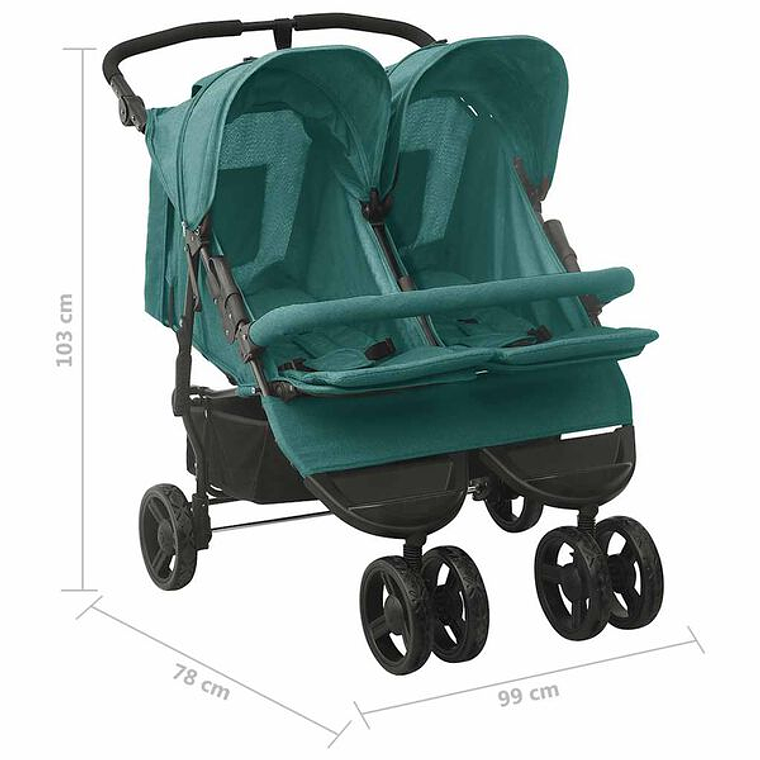 Green Steel Twin Stroller | Double, Reclining, and with Protective Canopy 11