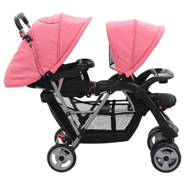 Twin Stroller in Pink and Black Steel | Double, Safe and Compact 2