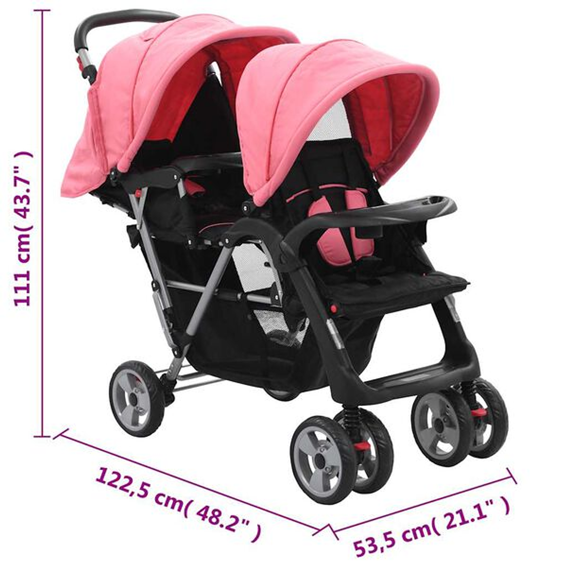 Twin Stroller in Pink and Black Steel | Double, Safe and Compact 10