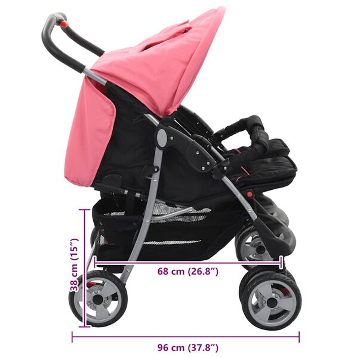 Carrinho de Bebé para Gémeos em Aço Cor-de-Rosa e Preto | Reclinável, Compacto e Seguro 8