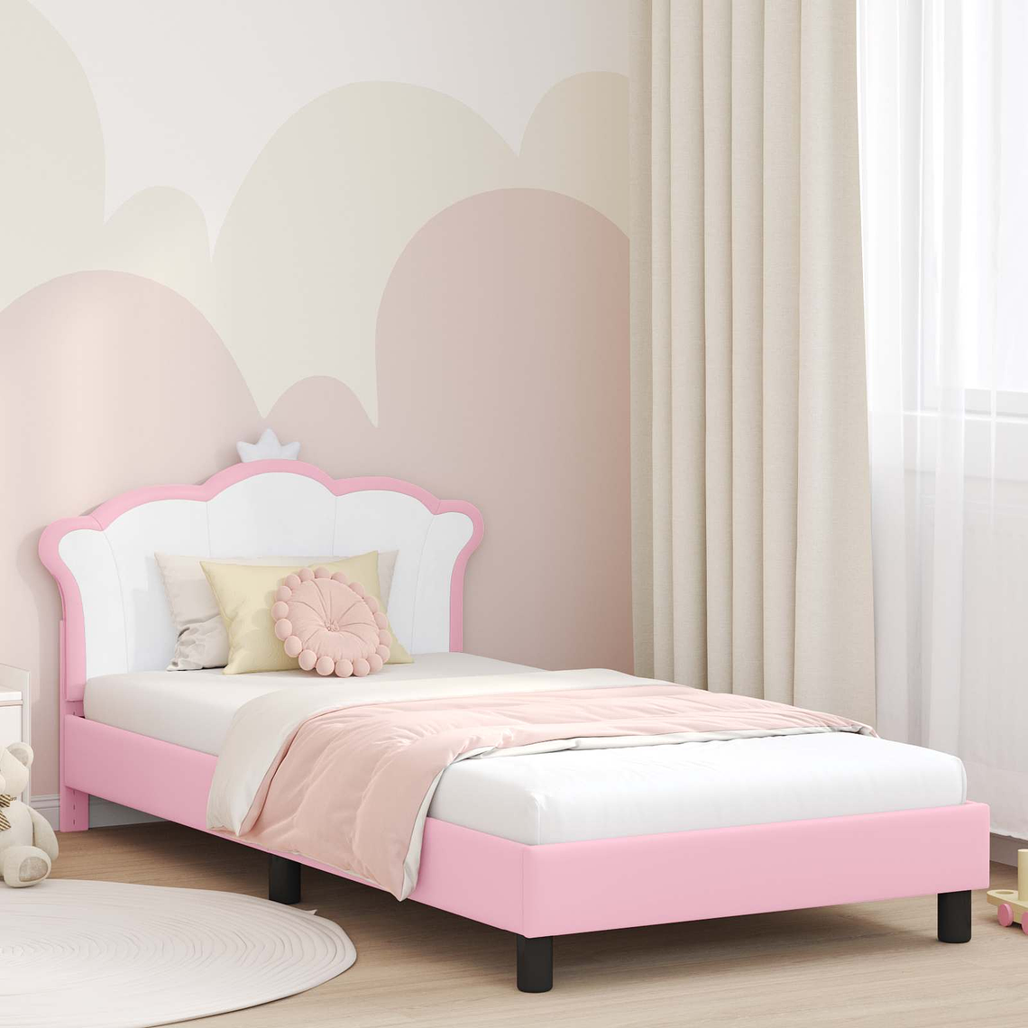 vidaXL Estrutura de Cama Infantil com Cabeceira Rosa 90 x 190 cm PU 1