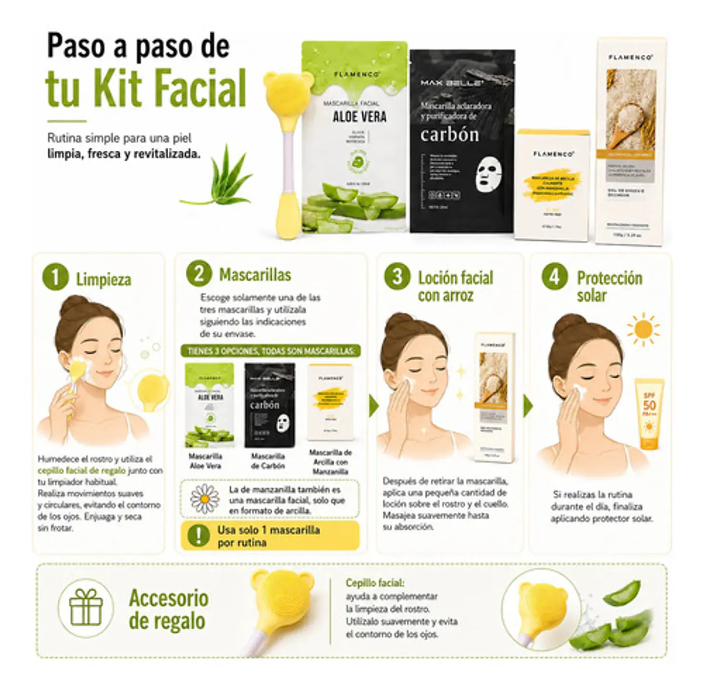Kit Facial Aloe Vera & Arroz Con Mascarillas + Cepillo 7