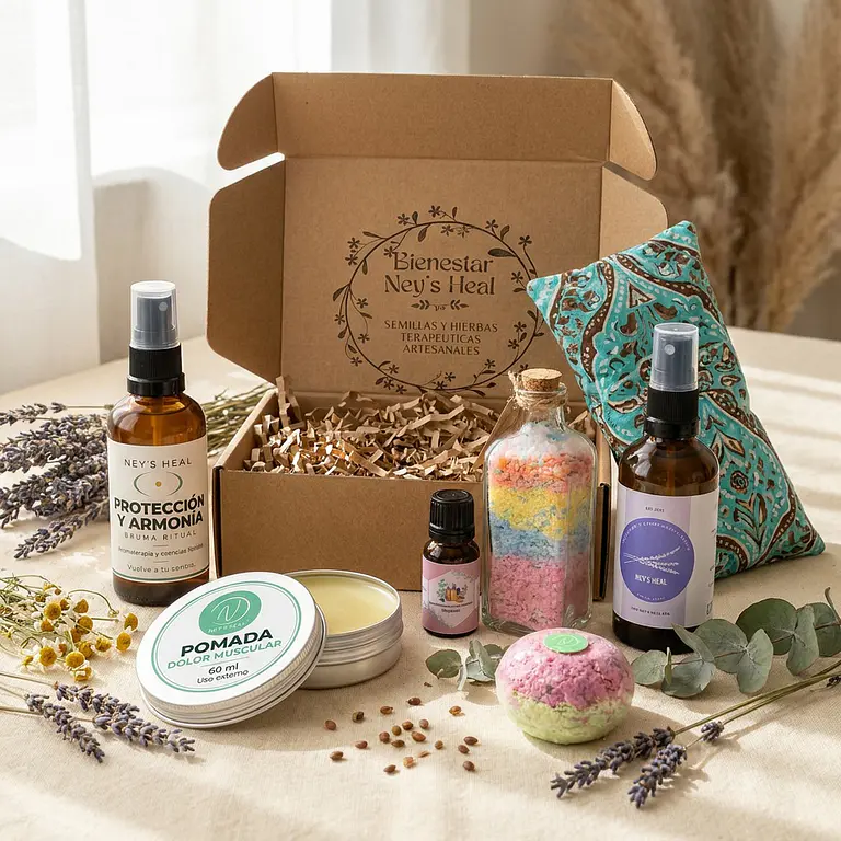 Productos artesanales hechos por Ney's Heal: pomada, bruma ritual, sales, aceites y guatero