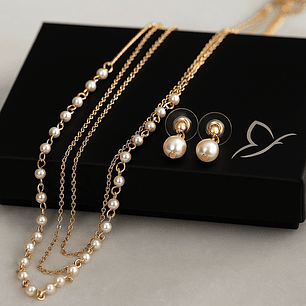 Set 3 en 1 Collar y Aretes Perla Eternas Diseño Dorado Versátil