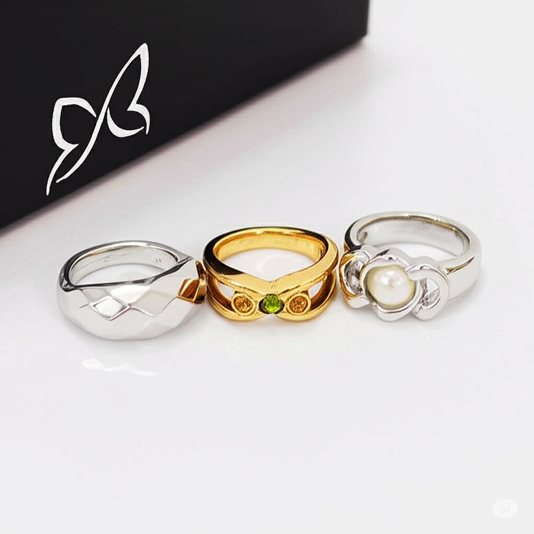 Set x3 Anillos Abstractos Trio Chic Diseño Multicolor y Moderno 1