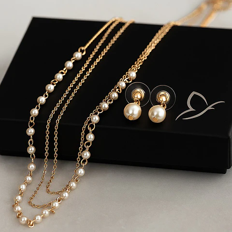 Set 3 en 1 Collar y Aretes Perla Eternas Diseño Dorado Versátil