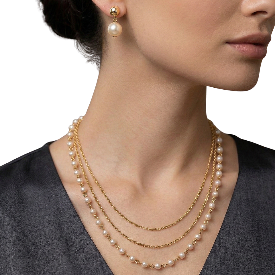 Set 3 en 1 Collar y Aretes Perla Eternas Diseño Dorado Versátil 7