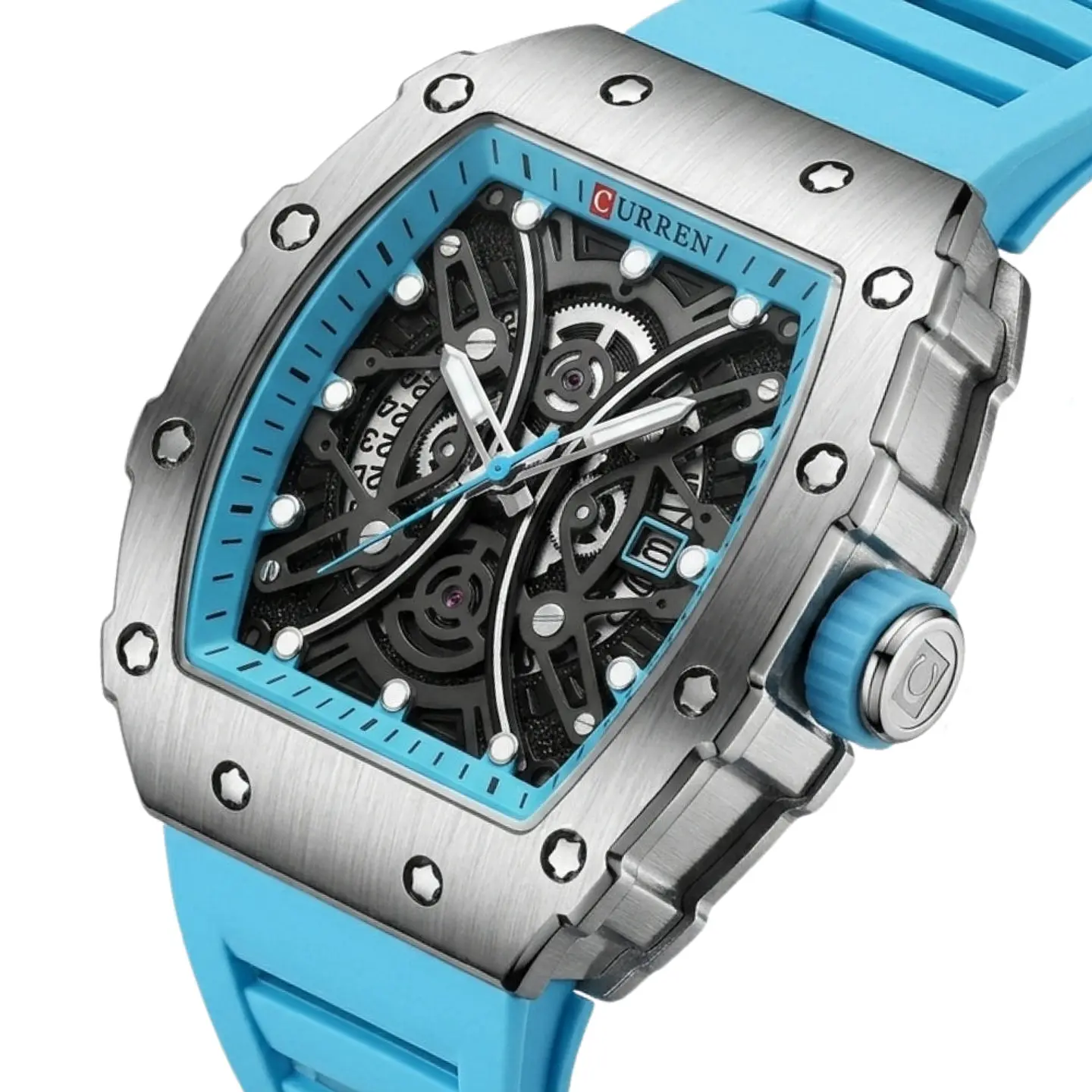 Reloj Analogo Curren KRED8001 para Hombre en Silicona Color Celeste - Plateado 3