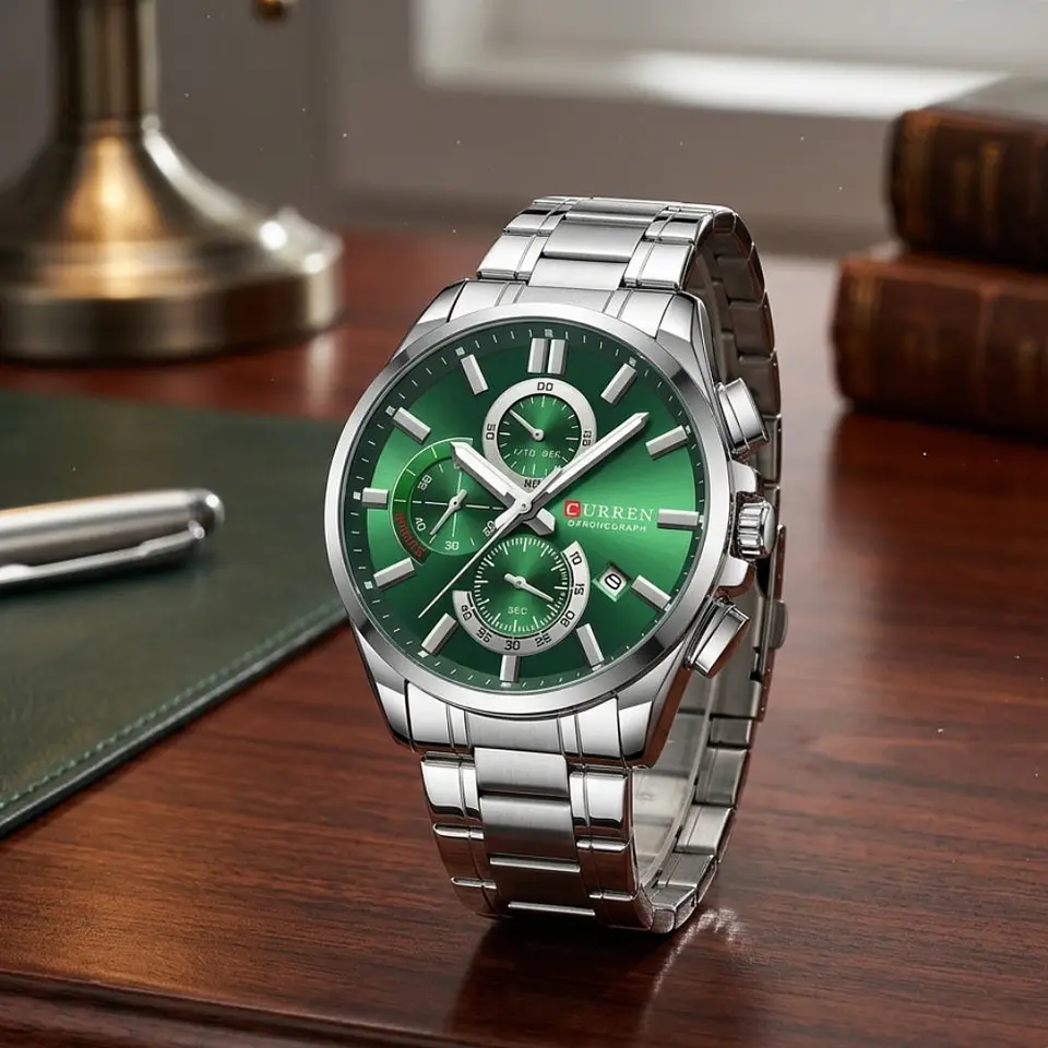 Reloj Analogo Curren KREE2902 para Hombre en Acero Color Plateado - Verde 5