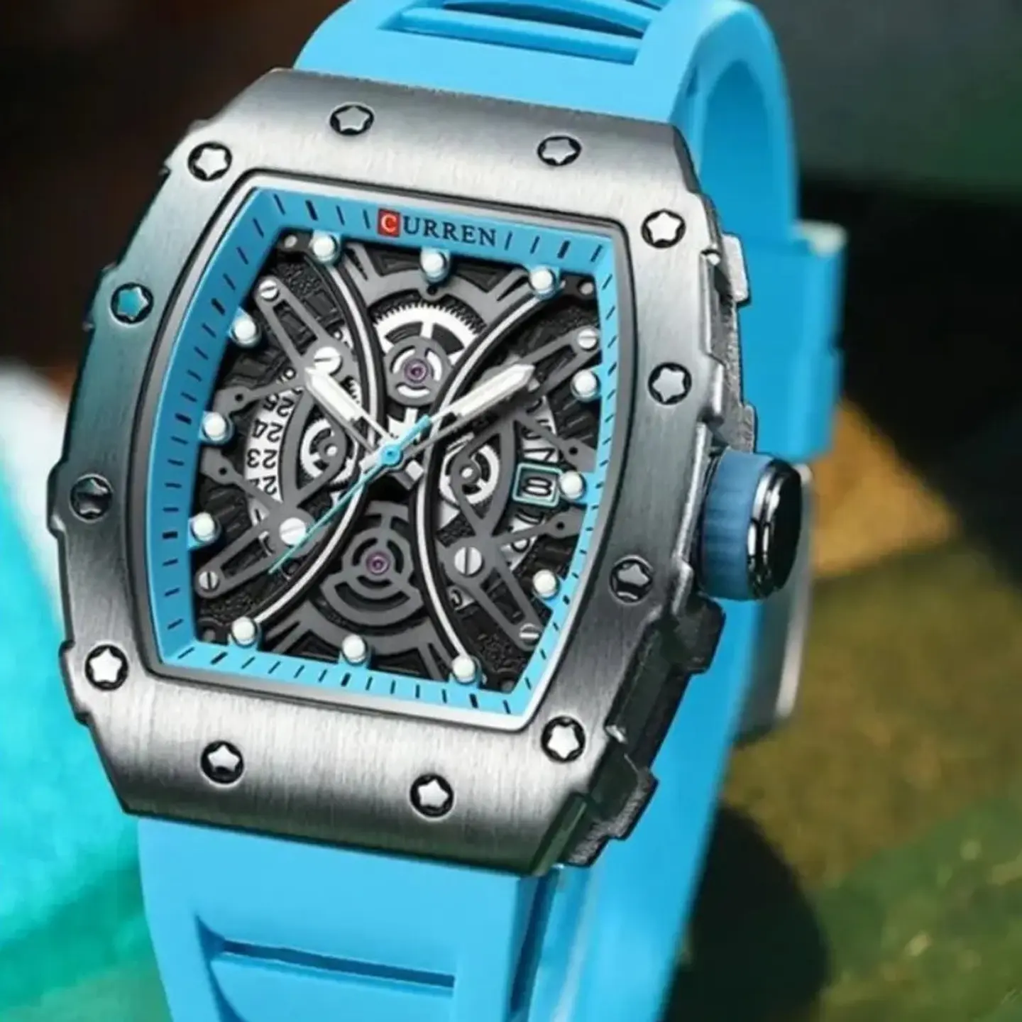Reloj Analogo Curren KRED8001 para Hombre en Silicona Color Celeste - Plateado 5