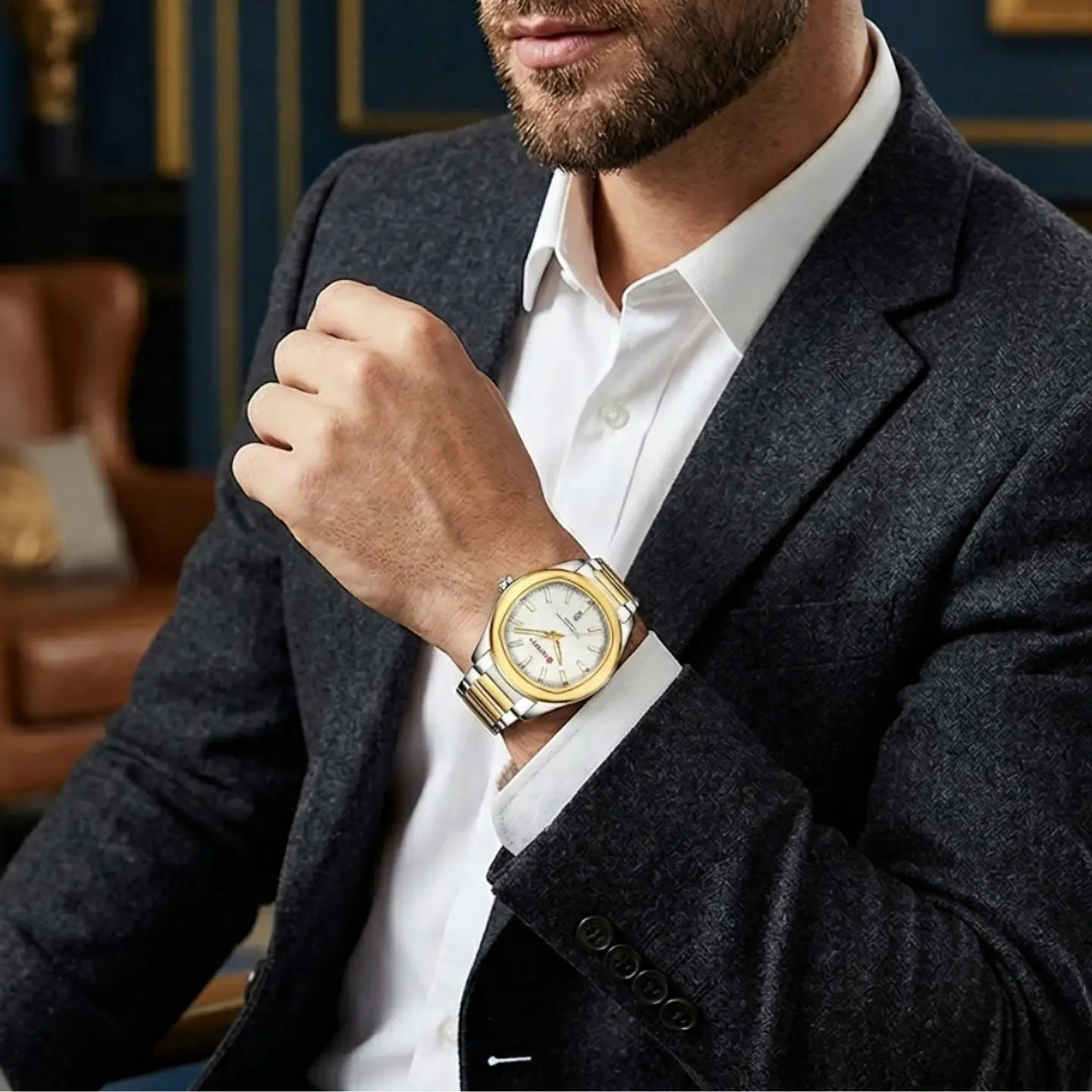 Reloj Analogo Curren KREE4103 para Hombre en Acero Color Dorado - Blanco 6