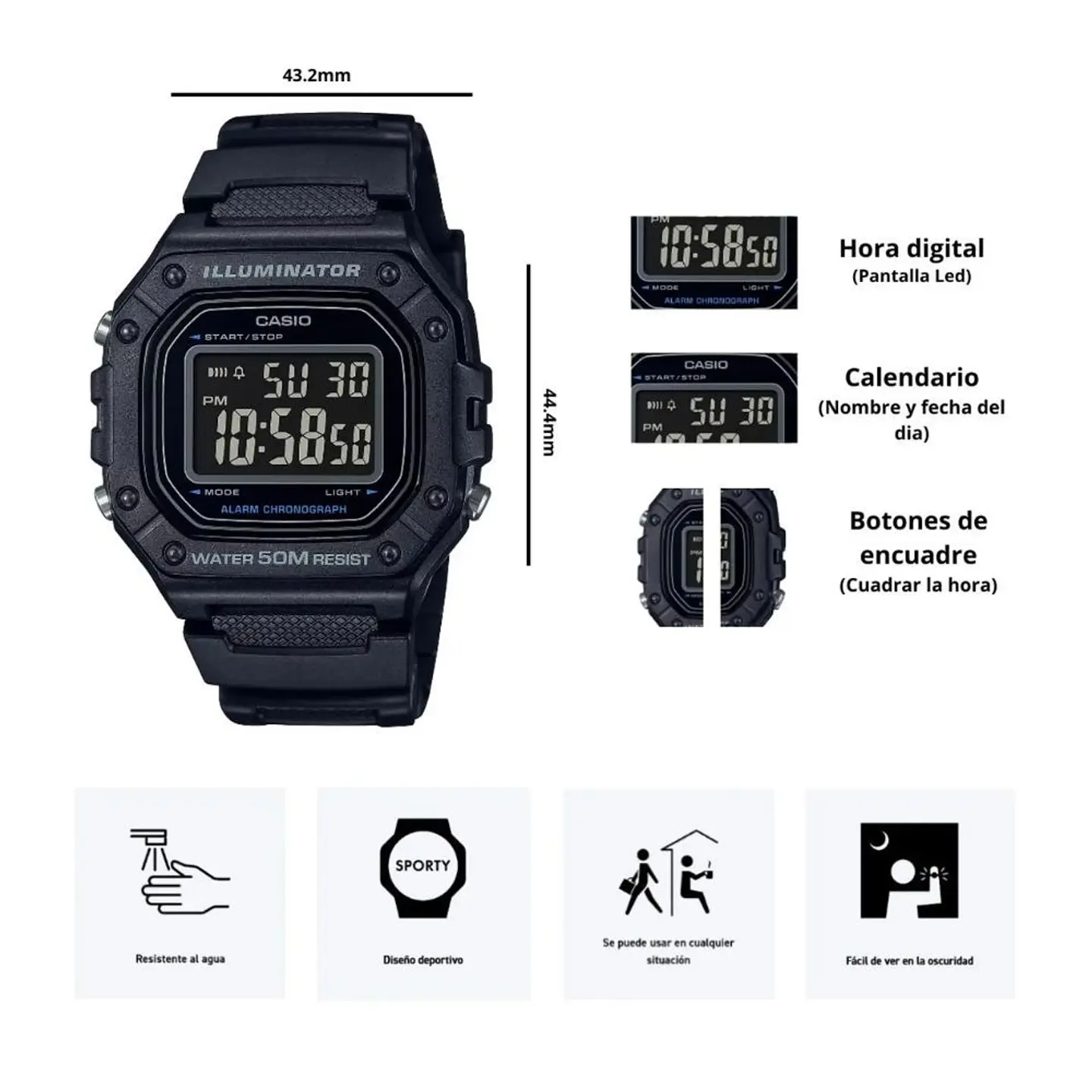 Reloj Casio Original W-218H-1BVDF Digital Unisex en Resina Color Negro 5