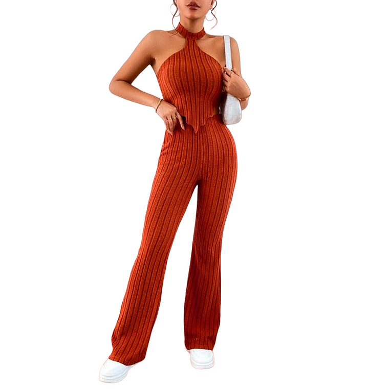 Pantalones Acampanados Y Top Halter Shein Essence Color Naranja Talla S 1