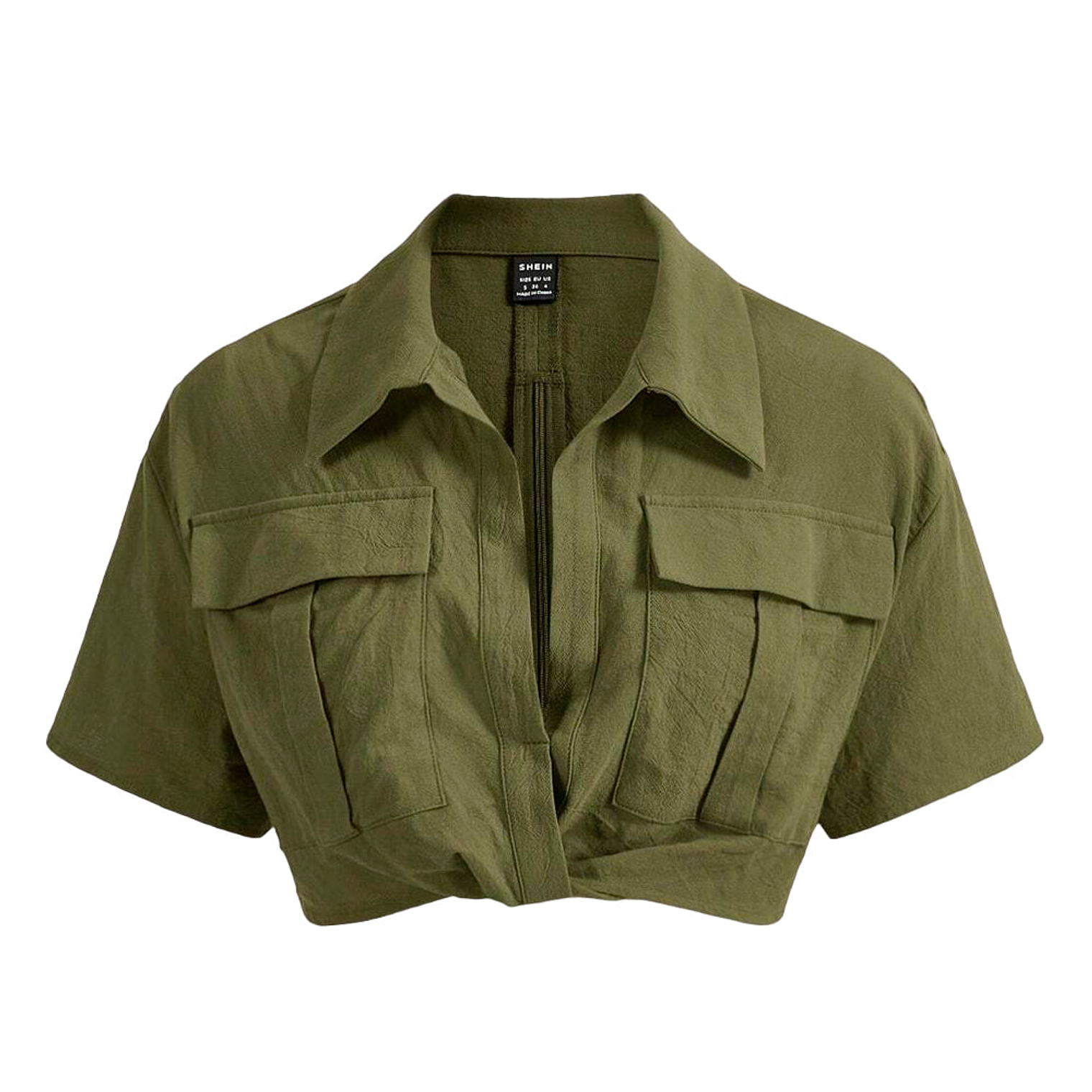 Camisa Crop Shein con Solapa de Hombros Caidos Color Verde Militar Talla S 1