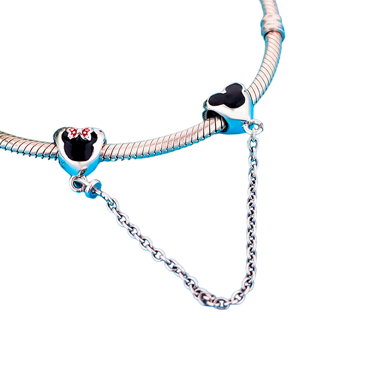 Cadena de Seguridad Pandora con Corazon Mickey y Minnie Rojo y Negro 400009274325 Plata 925 4