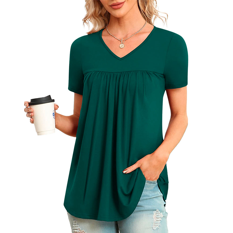 Blusa Vestido Tencede de Manga Corta con Cuello en V Holgada Color Verde Talla M 1