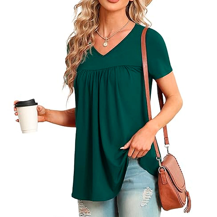 Blusa Vestido Tencede de Manga Corta con Cuello en V Holgada Color Verde Talla M 3