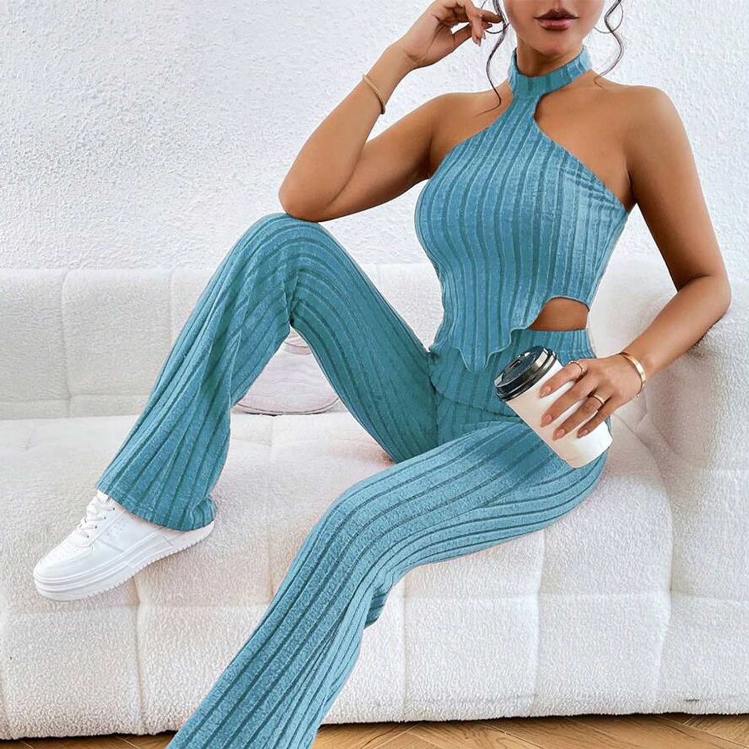 Pantalones Acampanados Y Top Halter Shein Essence Color Azul Talla M 5