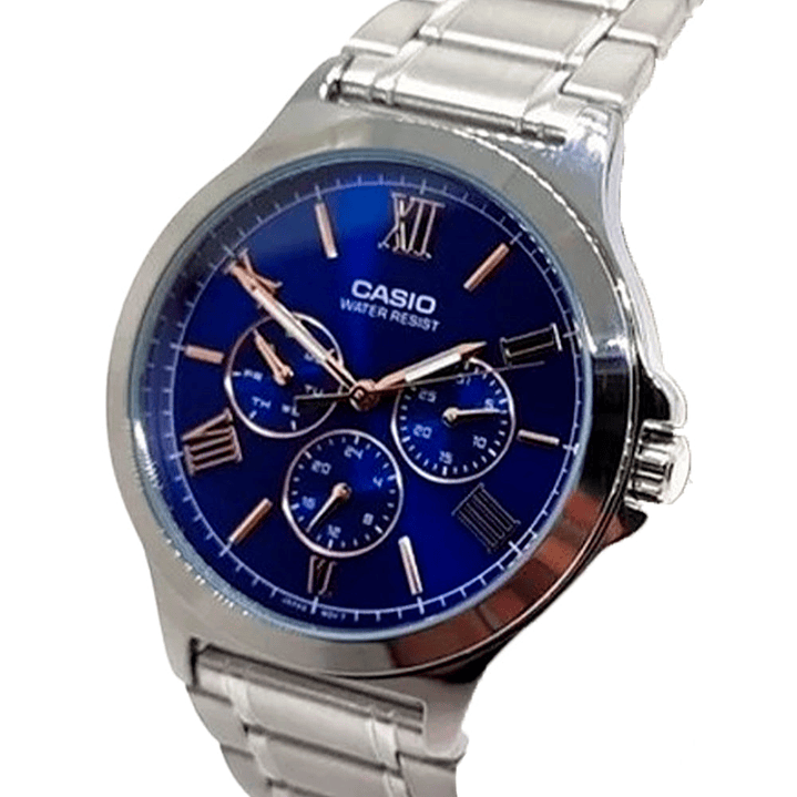 Reloj Análogo Casio Original MTP-V300D-2A Multifuncional para Hombre Color Plateado-Azul 4