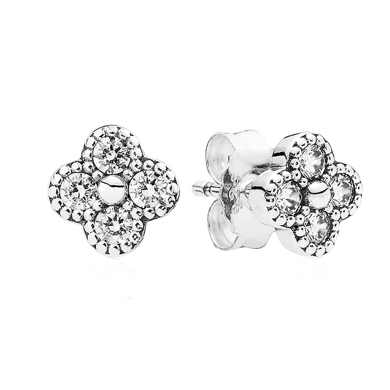 Aretes Pendientes Pandora Tipo Flor Oriental con Circonica Transparente 290647CZ Plata 925 1